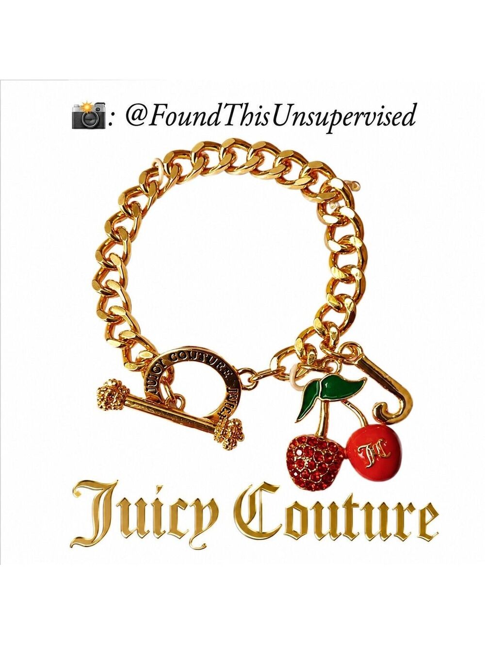 Juicy Couture Cherry Toggle Charm Bracelet Gold Tone Crystal 7.5" NIB